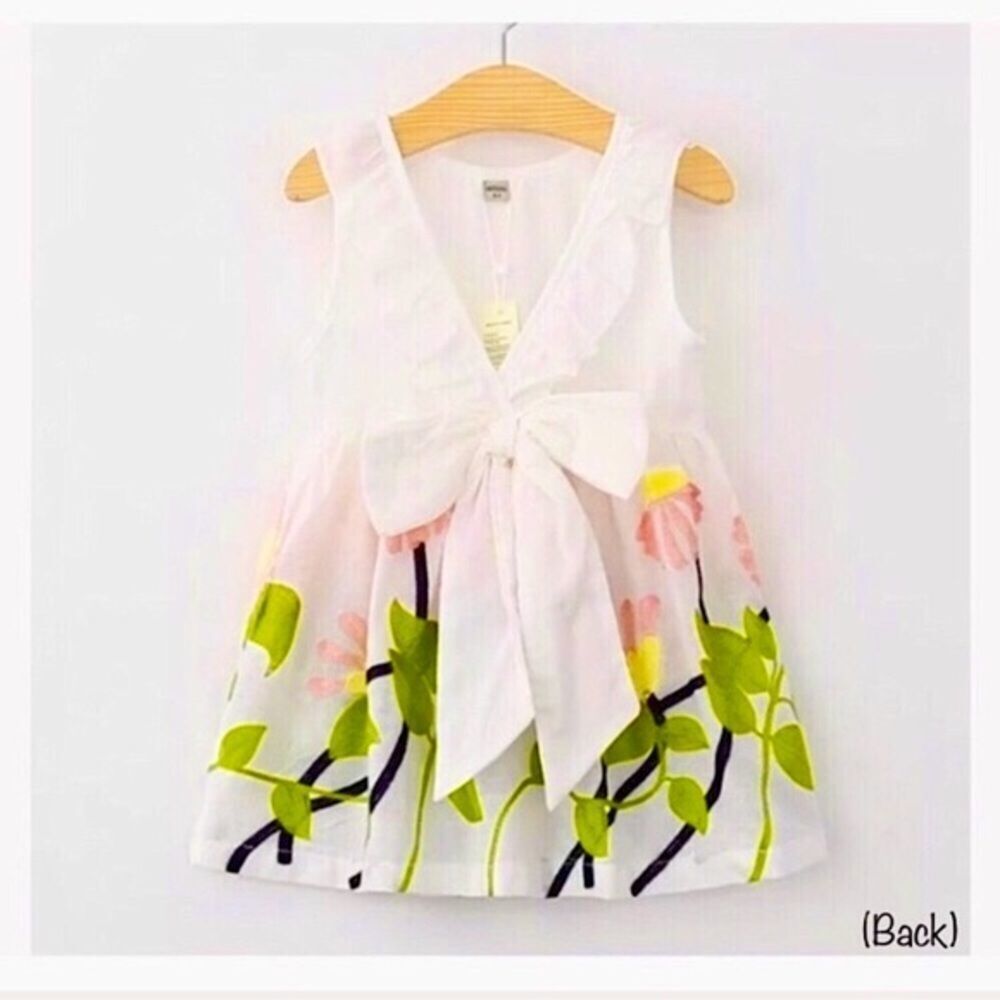 Cotton Dress With Embroidered Flowers Ruffle Collar Large Bow at Small of Back